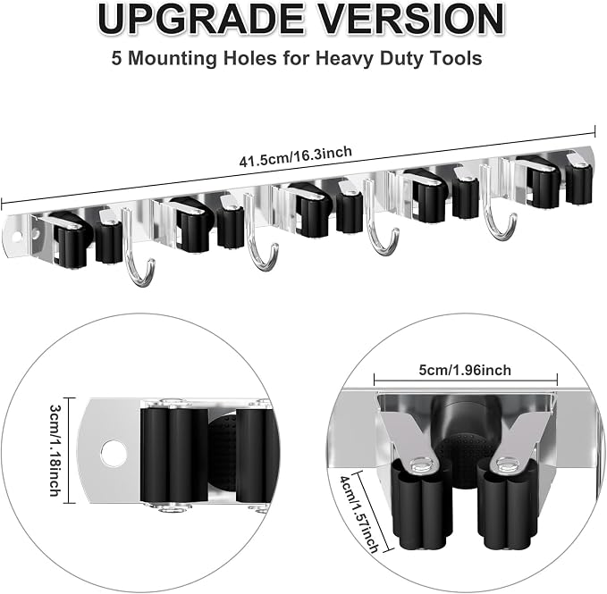 HANZENMA Broom Holder Wall Mount, Broom Organizer Wall Mount Stainless Steel Broom and Mop Hanger Heavy Duty Storage Organization for Home Kitchen Garden Garage Room 5 Racks 4 Hooks