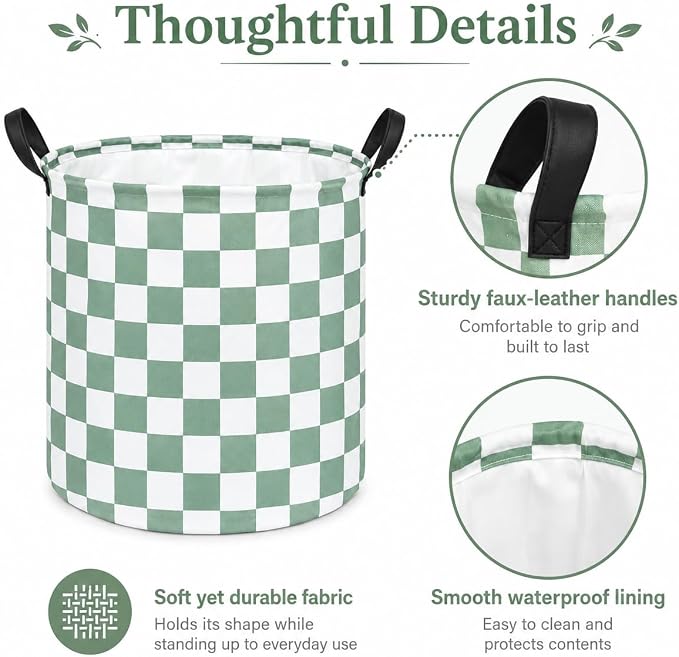 MAIZMZ 3 Pack Sage Checkered Storage Baskets Kids Hamper,Girls Room Decor,15.7"D x13.3"H, Waterproof Lining,Collapsible for Laundry, Toys, Clothes, Gift Set