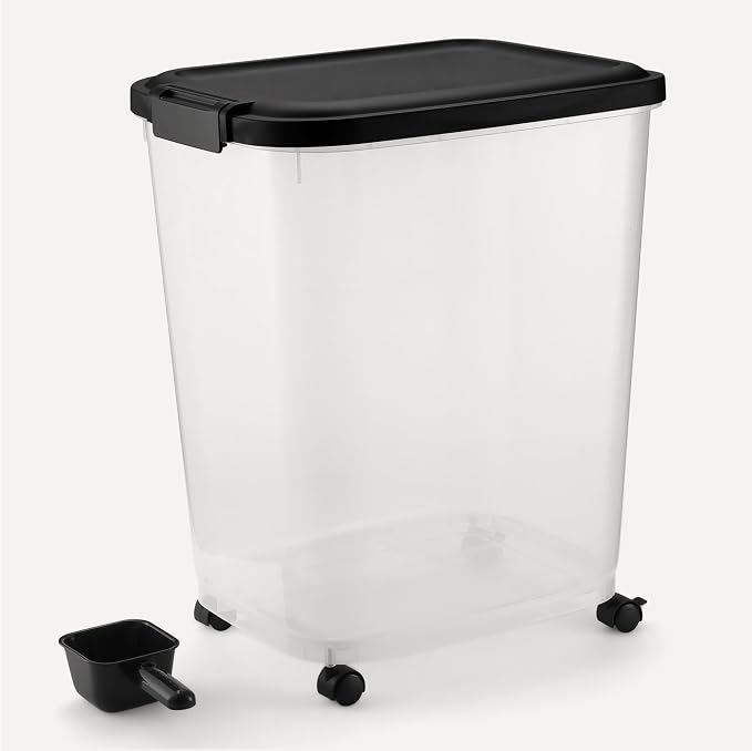 Amazon Basics Pet Food Storage Container with Rolling Wheels, BPA-Free, Detachable Scoop, 50lbs Capacity
