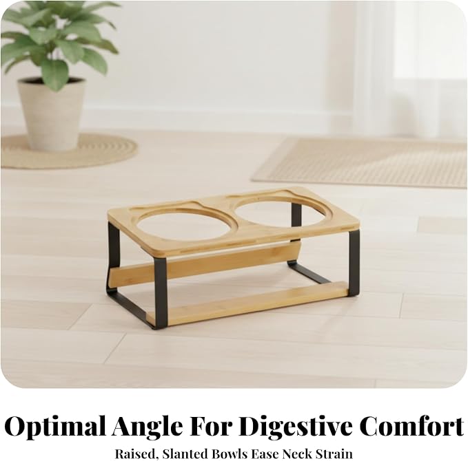 Cat Bowl Stand Elevated Feeder Raised Holder Double Dish Organizer Bamboo Wood and Iron Tilted Frame with Space Saving Design Suitable for Cats and