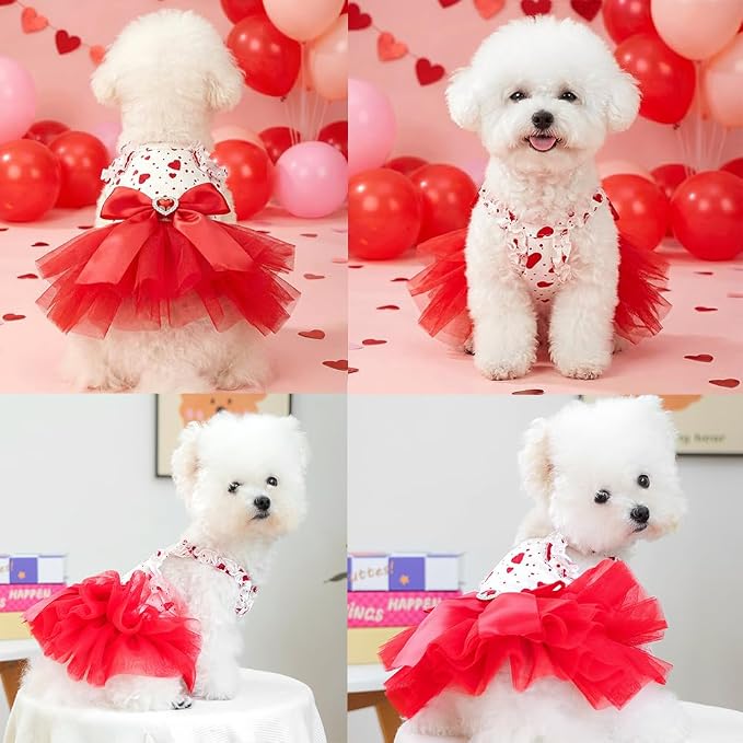 Red Small Dog Dress with Heart Patterns Sleeveless Summer Puppy Clothes Girl Dog Outfit Bow Knot Cat Dresses Pet Clothes for Valentines Birthday Holiday Wedding Birthday (Red, Medium)
