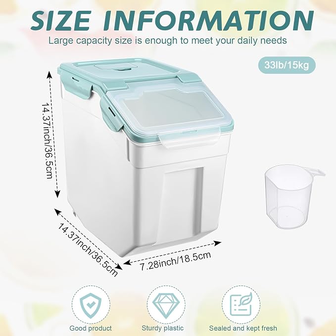 Sunnyray 4 Pcs 33 lbs Grain Rice Storage Container Flour Bin with Wheels Cup Leak Proof Pet Food Storage Boxes Seal Locking Lid Plastic Rice Containers Set for Cereal Flour Cat Dog Food (Blue)
