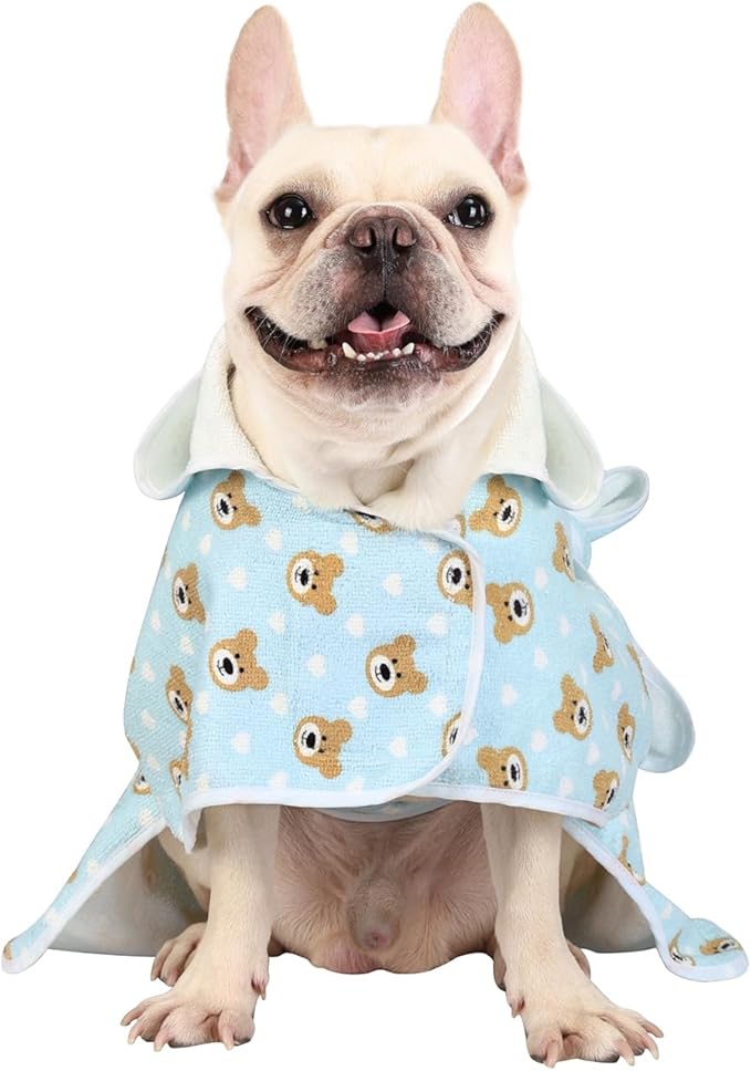 HDE Dog Bathrobe Super Absorbent Quick Drying Puppy Towel Wrap Coat Adjustable After Bath Robes with Hood for Dog Sizes S-XXL Teddy Bears S