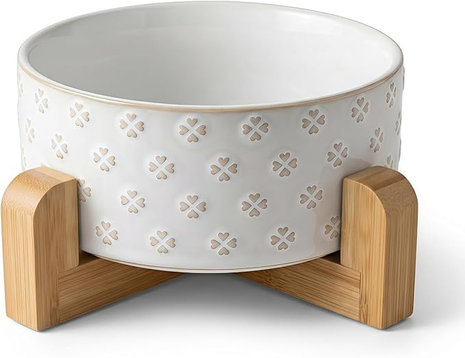 TRUVIC Ceramic Dog Bowl with Wood Stand, Jun Blanc Four-Leaf Clover Relief Dog Food and Water Bowl, 2 Cup/14 oz Puppy Food Bowl for Medium Dogs, Dishwasher Safe, Modern Geometric, Four-Leaf Clover