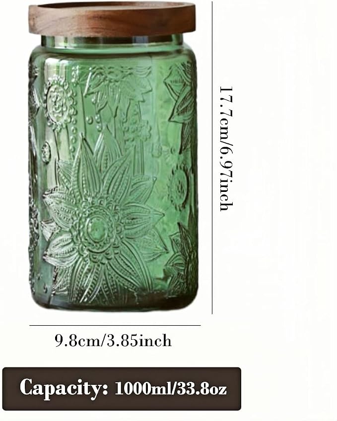 Vintage Sunflower Glass Canister, 34 oz Green Storage Jar with Wood Lid | Coffee, Tea, Sugar, Cookies, Candy, Pantry Shelf, Kitchen Counter, Bathroom Organizer, Laundry Detergent, Farmhouse Decor