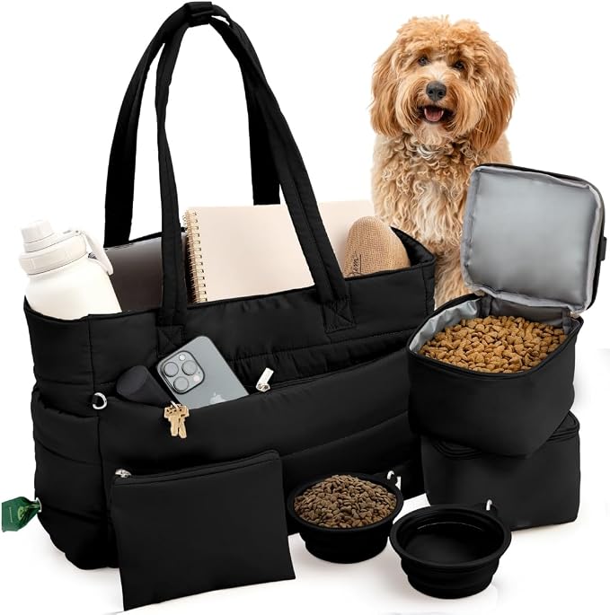 Puffer Dog Travel Bag for Dog Moms, Diaper Bag with Travel Bowls | 2 BPA-Free Collapsible Bowls, 2 Pet Food Containers, 9 Pockets, Everyday Puffer Bag Works With or Without Your Dog, Black