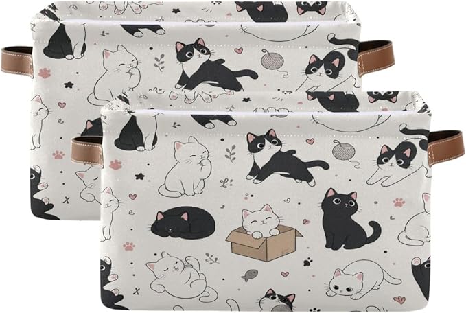 Kigai Storage Basket, Fabric Collapsible Closet Organizer Bin | Cute Cats Waterproof Foldable Canvas Basket with Handles for Shelves, Nursery, Closet, Bedroom & Bathroom