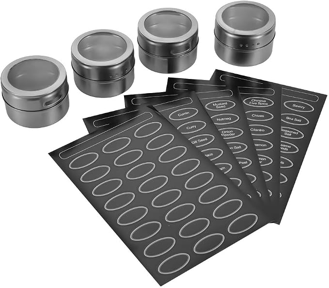 12 Powerful Magnetic Spice Tins- Stainless Steel Spice Storage Containers, Kitchen Spice Jars with Clear Lid with Sift & Pour, Rack Magnetic on Fridge, 120 Spice Labels
