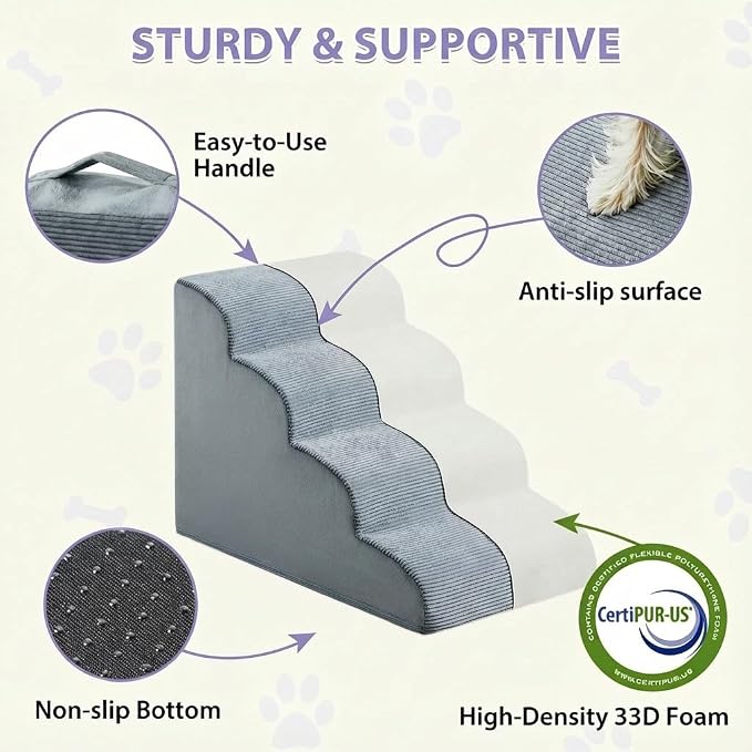 LEXTRO Dog Steps for Bed, 4-Steps Dog Stairs for Bed, Pet Ramp with Highly Supportive Foam and Non-Slip Bottom, Pet Stairs for Large Dogs and Medium Dogs (High 19.7 Inch)