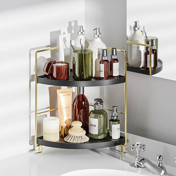 KINGNERWI 2-Tier Bathroom Counter Organizer, Vanity Corner Shelf, Black | Makeup Skincare Storage Tray, Small Countertop Rack, Stores Cosmetics, Perfume, Seasoning, Fits Sink and Dresser