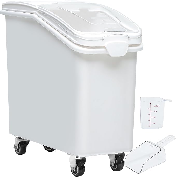 YITAHOME 27 Gallon Ingredient Bin, Commercial Food Container with 625 Cups, Large Flour Storage Container Bin with 360° Wheels, Scoop and Lid for Kitchen, White