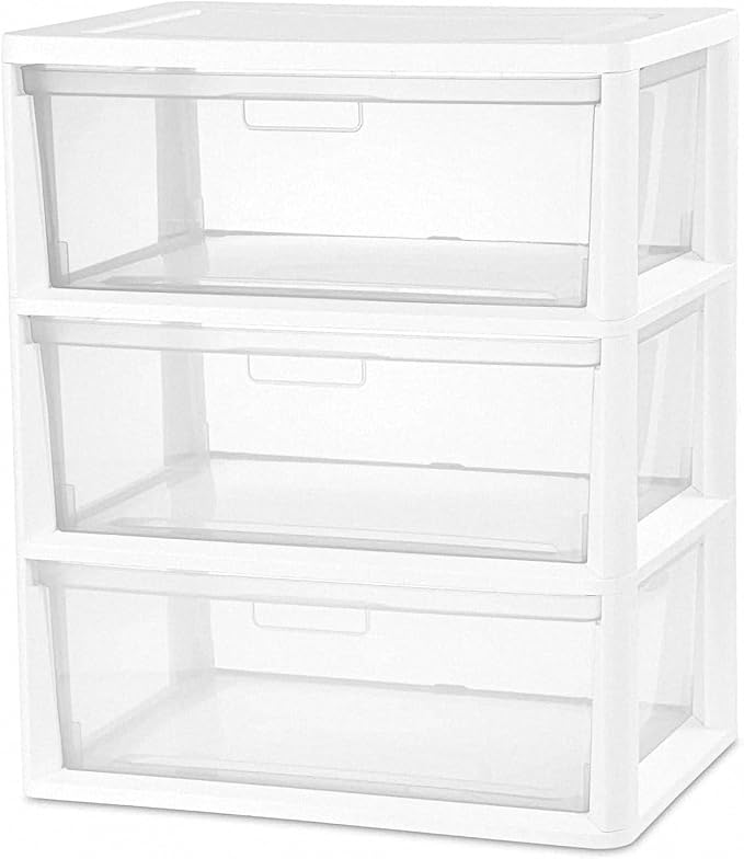 3 Drawer Plastic Storage Tower Wide Organizer for Closet Bedroom (White) | Stackable wide drawers for clothes, toys and crafts. Durable see-through plastic provides quick visibility.