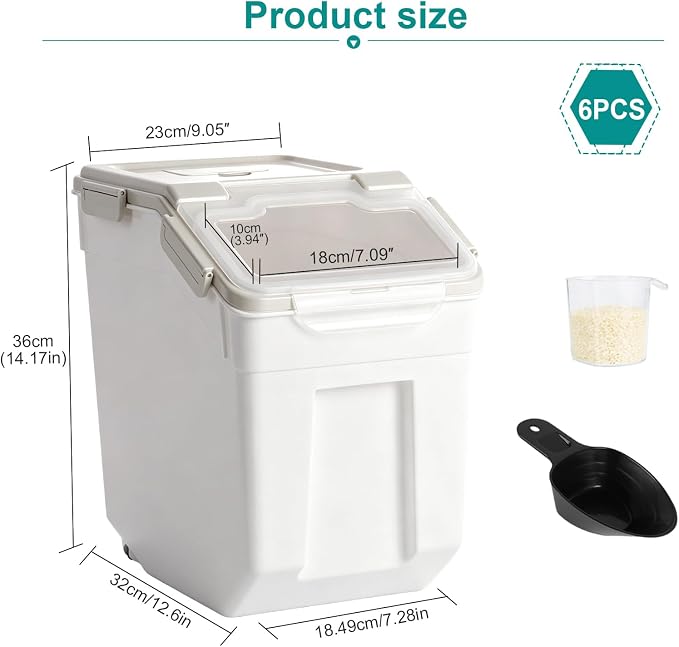 Saim 6Pack 50lb Flour & Rice Storage Container Bin, Grey | BPA free plastic with seal lid, rolling wheels and measuring scoop for rice, flour, cereal and grain one-hand scooping