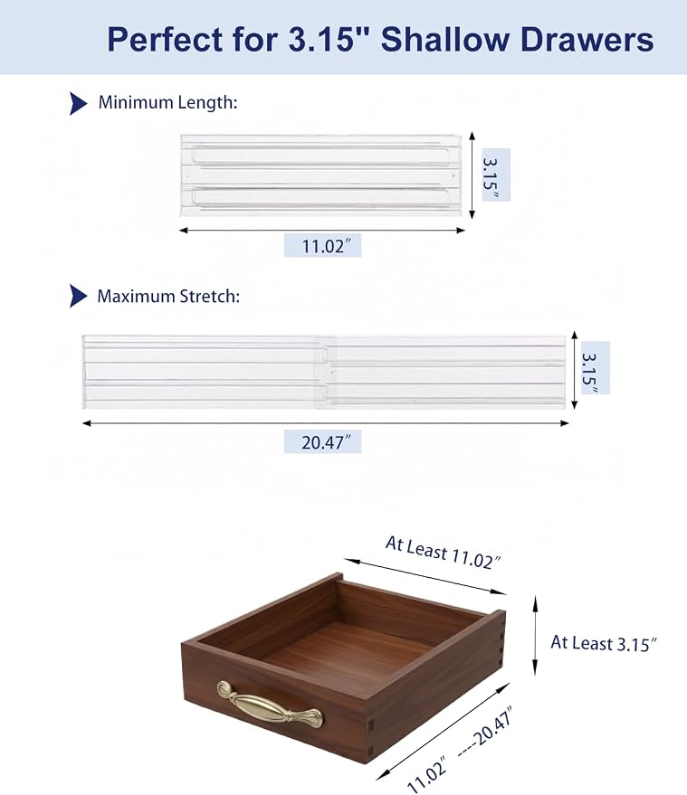 Adjustable Drawer Dividers 5 Pack, 3.15" High, Clear Plastic | 11"-20" expanding shallow drawer organizer with non-slip pads for socks, makeup, kitchen, bathroom and desk.