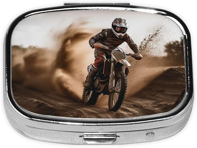 Motocross Pill Box 2 Compartment Medicine Pill Organizer Square Pill Case for Purse & Pocket Travel Pillbox Portable Metal Medicine Vitamin Fish Oil Organizer Unique Gift
