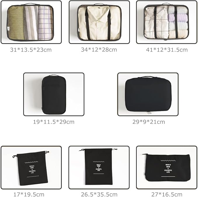 LANSKLBD 6/8 Set Packing Cubes for Suitcases Travel Luggage Packing Organizers,Travel Accessories Essentials Luggage Organizer with Shoe/Tioletry/Laundry Bag (Black, 8 set)