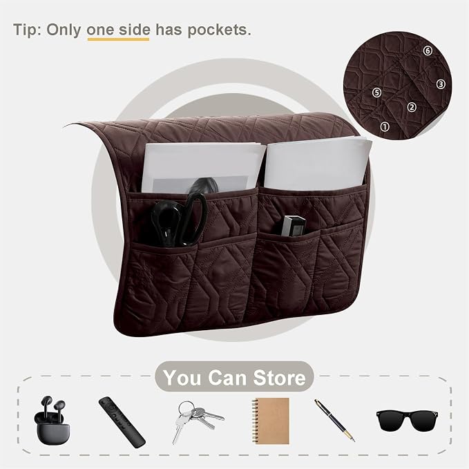 Waterproof Armrest Chair Covers with 6 Side Pocket 1 2 3 Seater Anti-Slip Chair Headrest Cover Armchair Slipcover Washable Protector for Pets Leather Sofa Couch (Coffee,3 Seater 5PCS)