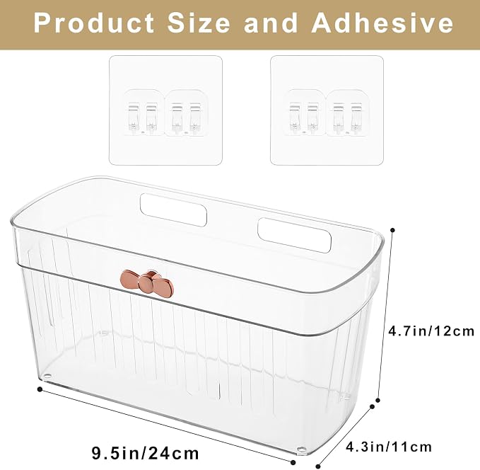 2 Pack Clear Acrylic Small Wall-Mounted Storage Baskets with Adhesive, No Drilling, Hanging Wall Mount Storage Bins for Kitchen, Pantry, Bathroom, RV