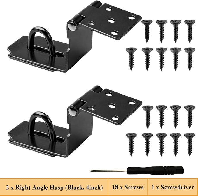 2 Pack 90 Degree Black Padlock Door Clasp, 4 Inch Security Lock Hasp, Stainless Steel Gate Latch for Garden Wooden Shed Barn Door, Closets, Cabinets, Pet Cage, Storage Box