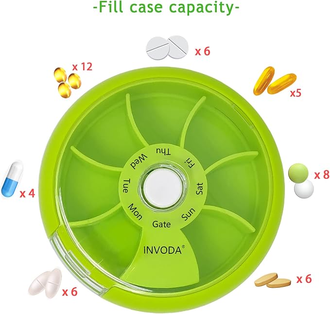 2PCS INVODA Weekly Pill Organizer 7 Compartment Rotating Pill Box for Daily | Cute Round Pill Organizer Fit purse pocket or backpack Portable Travel Pill Case for Fish Oil Supplements Vitamins Medication