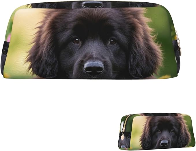 PU Leather Pencil Case Cosmetic Pencil Bags Makeup Pouch with Zipper | Cute Pet Newfoundland Dog Pen Pouch Portable Cosmetic Organizer Bag For Office Woman Man
