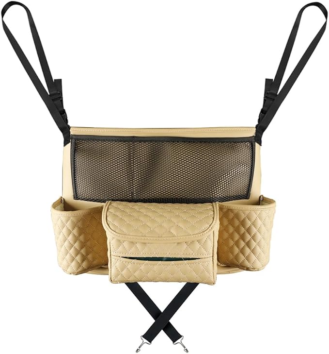 Car Handbag Holder Between Seats Car Organizer, Leather Large Capacity Car Purse Holder for Front Seat, Seat Back Net Bag Double-sided Tissue Storage Handbag Holder Car Accessories (Beige)