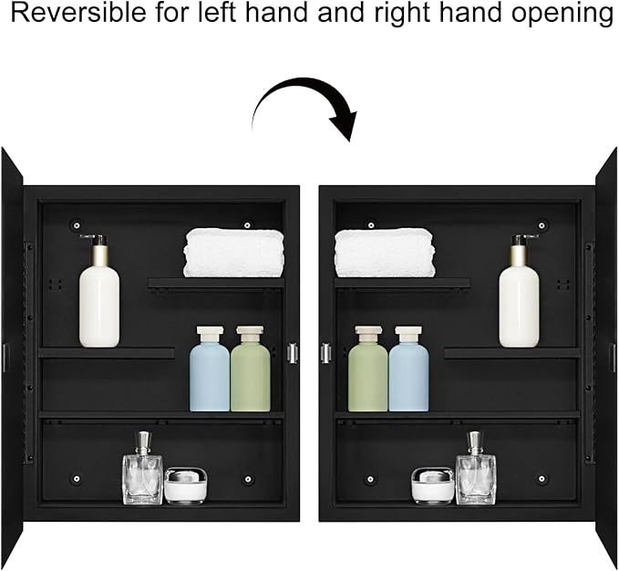 Black Metal Medicine Cabinet With Mirror, 16 x 20 Recessed Bathroom Storage | Recessed or Surface Mount Beveled Mirror Cabinet with Adjustable Staggered Shelves, Piano Hinge, Reversible Door, Powder Coat