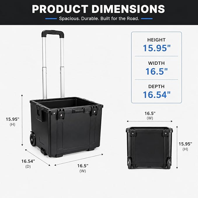 SECO Large Foldable Rolling Crate | Plastic Storage Box with Wheels | Black | Large Foldable Rolling Crate | 77 lb Capacity | Telescopic Handle | Smooth-Rolling Wheels | Flat Storage