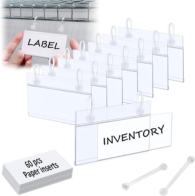 ChanQnTon Plastic Shelf Labels, 60pcs Label Holders with 120pcs Snap Lock Hanging Loops and 60pcs Matched Paper Inserts for Wire Basket,Price Tags,Shelf Tags for Wire Shelving 3.15x1.57inch