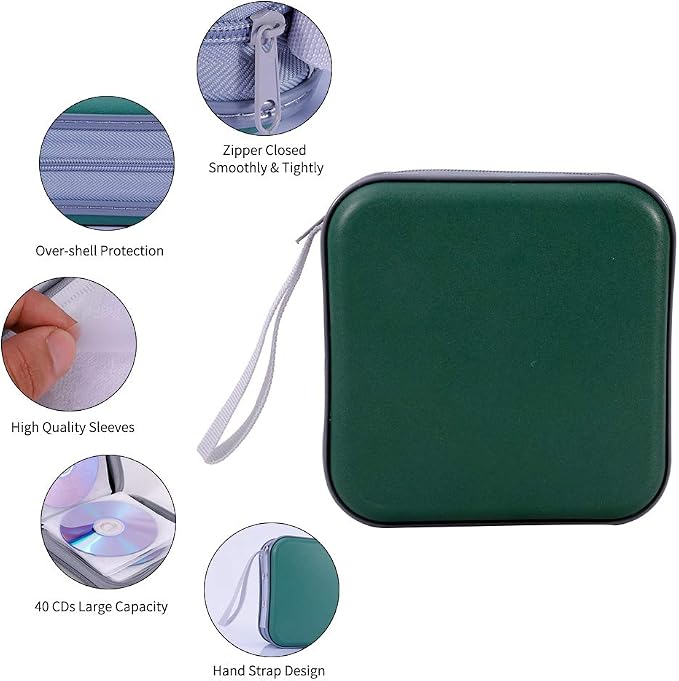 CD Case, 40 Capacity CD DVD Case Wallet Holder Portable Disc VCD Heavy Duty Binder Storage Organizer (Dark Green)