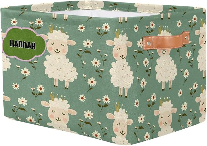 Personalized Kids Toy Box Name, Custom Nursery Baskets Cubes Box, Kids Custom Storage Basket Laundry Baskets Organizer with Handles, Cute Sheep with Daisy Floral
