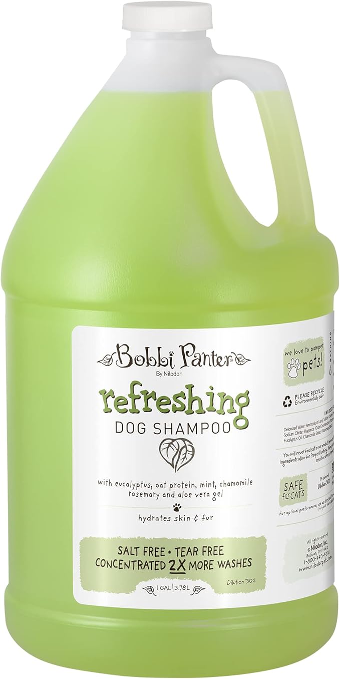 Bobbi Panter Refreshing Dog Shampoo Eucalyptus, Mint, Chamomile & Rosemary – Hydrating Natural Formula for Clean Fresh Coat, Tear-Free, 30:1 Concentrate, Made in USA, 1 Gallon
