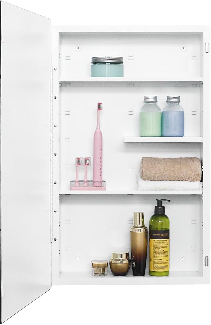 White Metal Medicine Cabinet, 18 x 30 Beveled Mirror, Surface Mount Storage | 18 x 30 Mirrored Medicine Cabinet with Adjustable Staggered Shelves, Piano Hinge, Left/Right Swing, Preassembled, Matte White