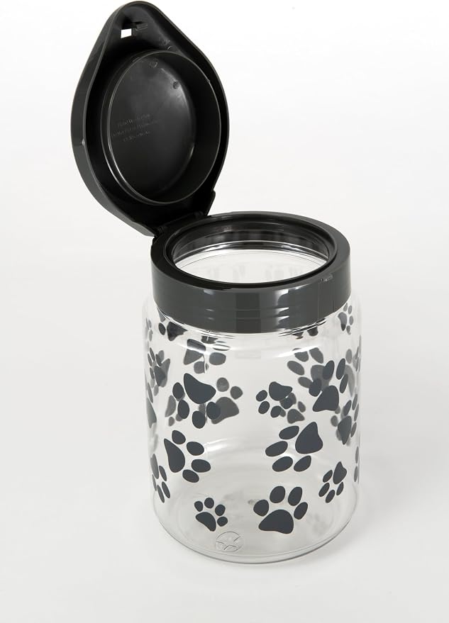 Lixit® Dog Treat Plastic Jar - Airtight Food and Treat Storage Jars for Dogs, Cats, Small Animals and Birds - Made in USA (Paw Prints - Gray, 64 Ounce)