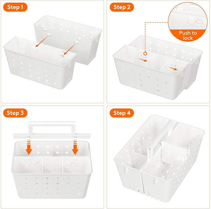 Lifewit Portable Shower Caddy, Plastic Basket Organizer, White, 2 Pack | Adjustable Dividers, Drain Design, College Dorm Room Essentials with Handle, for Bathroom