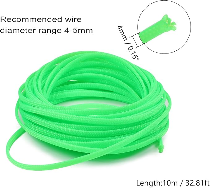 Heyiarbeit 10m/32.8ft PET Expandable Braid Cable Sleeving Flexible Wire Mesh Sleeve Fluorescent Green 4mm