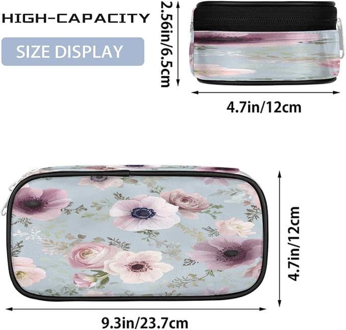 Pencil Case Pouch, Watercolor Light Blue Pink Flower Large Pen Bag with Zipper, Portable Zipper Pencil Pouch Organizer for Student Teen Girls Boys