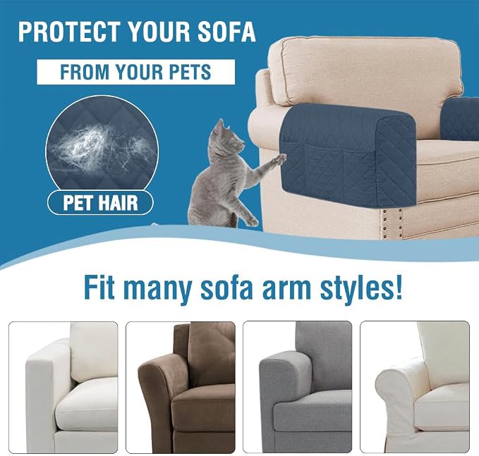 2 Pack Water Resistant Armrest Covers for Chairs and Sofas Couch Arm Covers for Sofa with 3 Pockets for Phone Sofa Arm Protector for Pets, Cats (Berlin Blue)