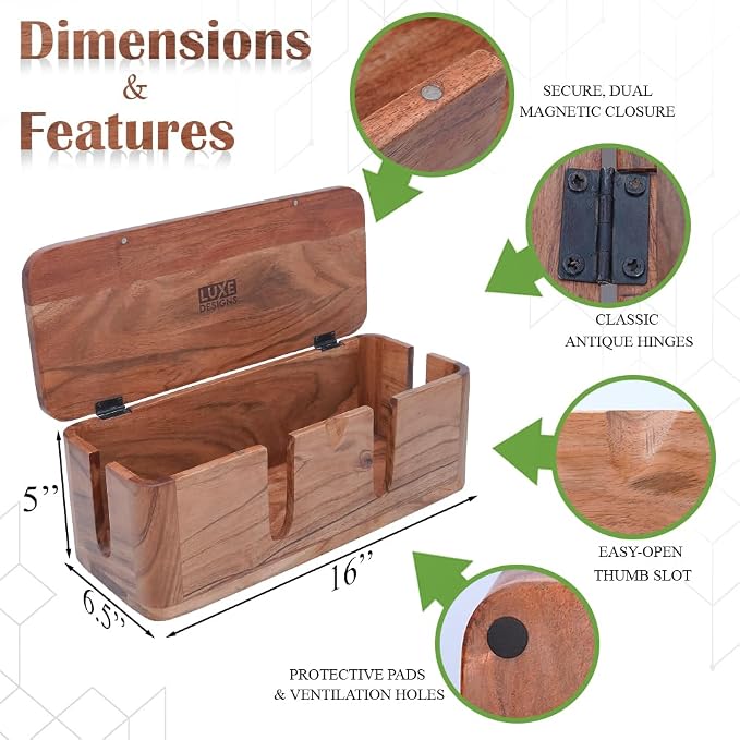 Acacia Cable Management Box - Rustic Design (Front Slots, Large)