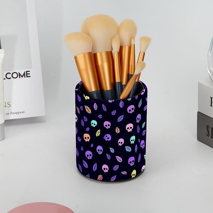 Faux Leather Pen Holder for Desk, Pencil Organizer Skull Pen Cup Desk Decor Makeup Brush Holder Storage for Office Home