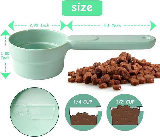 Joyinjojo Dog Cat Food Scoop - Pet Food Scoop Dog Food Measuring Cup 1/2 1/4 Cup, Comfortable Long Handle for Easy to Scoop Food, Mint Green 1/2 Cup