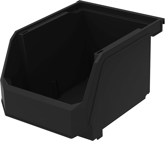 Medium-Tall Stackable Plastic Storage Bins, 4-Pack, Black | Open-Front Stackable Bins For Garage, Pantry, Closet & Office, 7"L X 11"W X 8"H, Nests When Empty, Durable Plastic