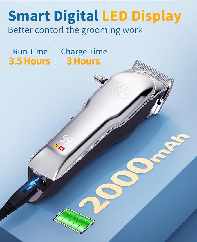 Cordless Dog Clippers for Grooming Professional for Thick Hair Coats, Low Noise Shaver Pet Grooming Kit with LED Display, Razors Dog Hair Shears Ceramic Blade, Pet Hair Trimmer for Dogs Cats (MS041)