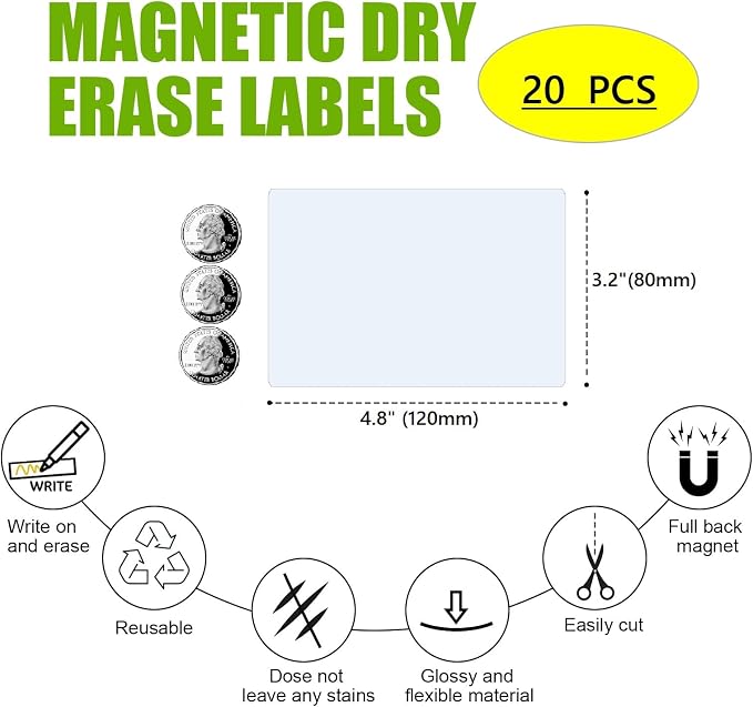 STTMGN Dry Erase Big Magnetic Labels (4.8x3.2,Pack of 20),Large Write On Magnets Name Plates Sticker,Waterproof/Reusable for Refrigerator&Lockers&Whiteboard&Cabinet(Blue)