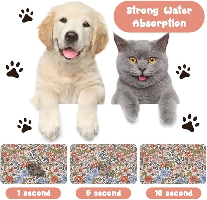 Dog Food Mats for Floors Waterproof, Cat Water Bowl Mats Pet Feeding Absorbent Placemats Flower 16 * 24 inch