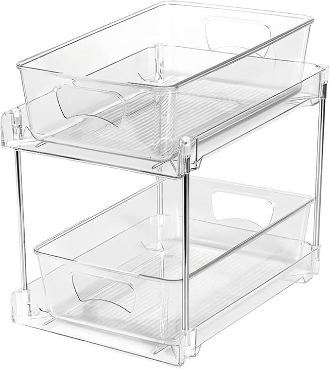 2 TierUnder Sink Organizer - Pull Out Storage, Sliding Bathroom Drawer