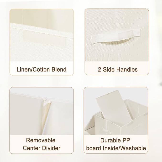 2 Pack Large Storage Boxes with Lids and Handles, Collapsible Linen Storage Bins Organizer Containers Baskets Cube with Removable Divider for Home Bedroom Closet Office (Cream, XL)