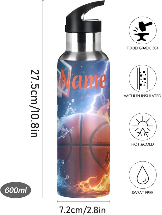 Custom Name Basketball Fire Lightning Water Bottle with Straw Lid Kids Insulated Stainless Steel Water Flask Sports, 20 Oz Hot Cold