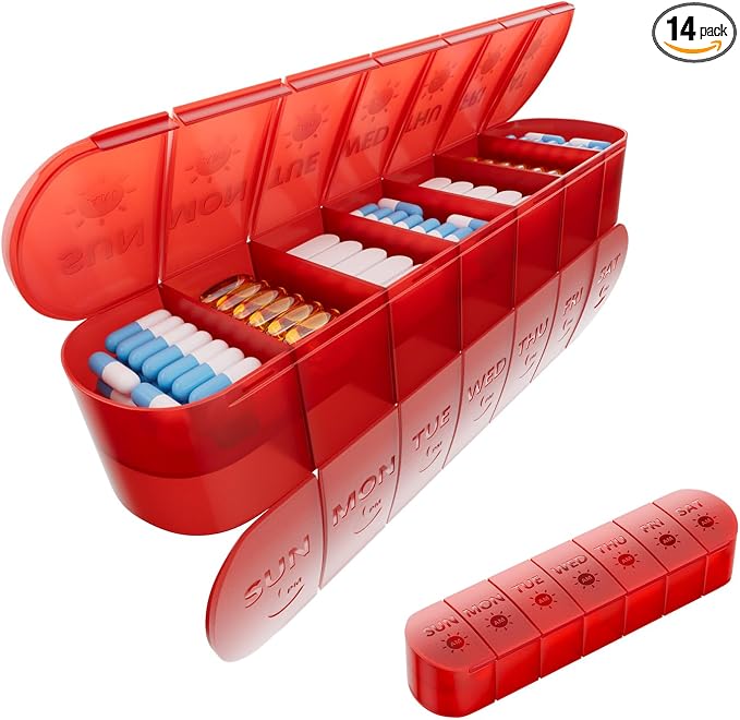 2 Layers Weekly Pill Organizer 2 Times a Day, Travel Medicine Pill Organizer, Pill Box Case 7 Day AM PM, Pill Container for Vitamins, Fish Oil, Supplements and Medication, Red