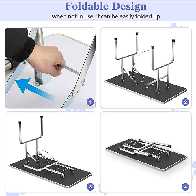 Pet Dog Grooming Table, Foldable Stainless Steel Pet Drying Grooming Table Up to 330lbs, Professional Bathing Desk for Dogs at Home with Adjustable Overhead Arms, Noose, Mesh Tray, 46''/Blue